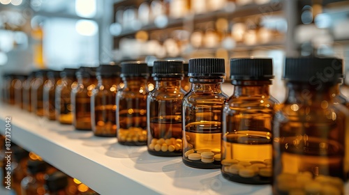 A drug store with medicine bottles lined up beautifully on the shelves. on a blurred background