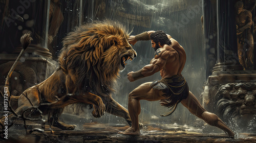 Illustration about the myth of Hercules and the Nemean lion. photo