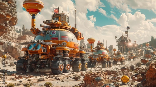 Kitsch and carnivalesque celebration on Mars, featuring a parade of Mars rovers and alien floats, vibrant and whimsical photo