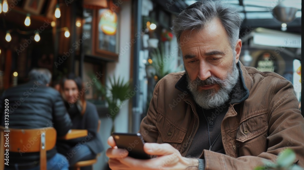 Mature man with beard watching movie on smart phone in cafe Mature man with beard watching movie on smart phone in cafe