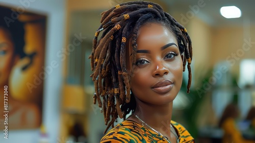 Beautiful african american woman with dreadlocks hairstyle in beauty salon