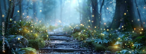 A mystical, enchanted forest path background with glowing plants and magical light.