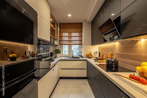 Small  compact modern kitchen for an apartment or flat in black white and beige. 