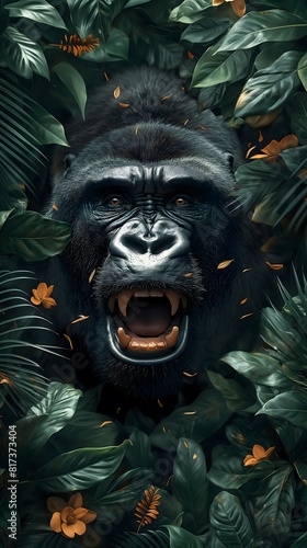 A gorilla roaring surrounded green leaves, jungle theme, wallpaper, monstera deliciosa in the style of monstera deliciosa