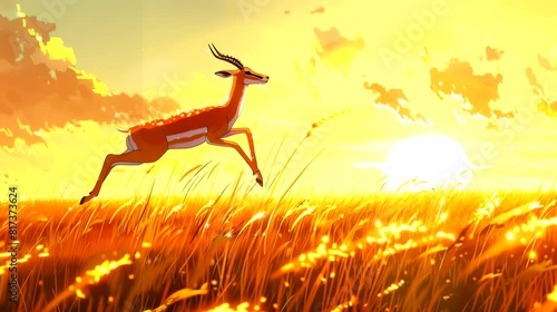 Graceful gazelles leaps across sunlit savannah grasslands. Anime or digital painting style, looping 4k video animation background photo