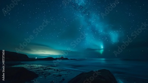 A beautiful night sky with the aurora bore above the ocean.