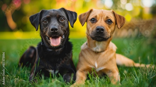 Two dogs sitting in the grass with their tongues out.