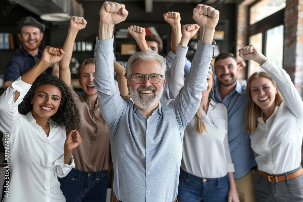 Group of diverse business people celebrating success in office. Multiethnic group of coworkers raising hands up celebrating achievement. Business success concept Group of diverse business people celebrating success in office. Multiethnic group of coworkers raising hands up celebrating achievement. Business success concept