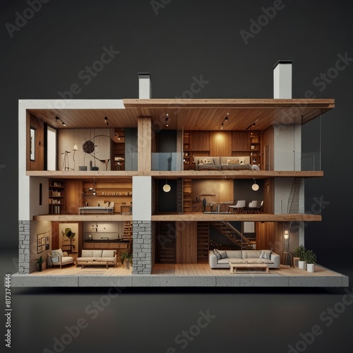 Modern home cross section 3d rendering minimalist