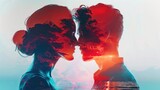 Double exposure of man and woman showing love side view emphasizing affectionate bond Futuristic tone, Complementary Color Scheme realistic