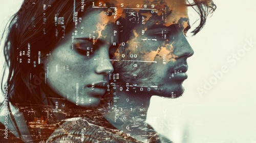 Double exposure of man and woman with resentful expressions top view emphasizing emotional struggle Digital binary as object, Vivid realistic photo