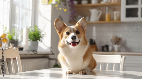 Dog Corgi gets up on white table and looks towards the kitchen area's copy space. realistic © Ahtesham