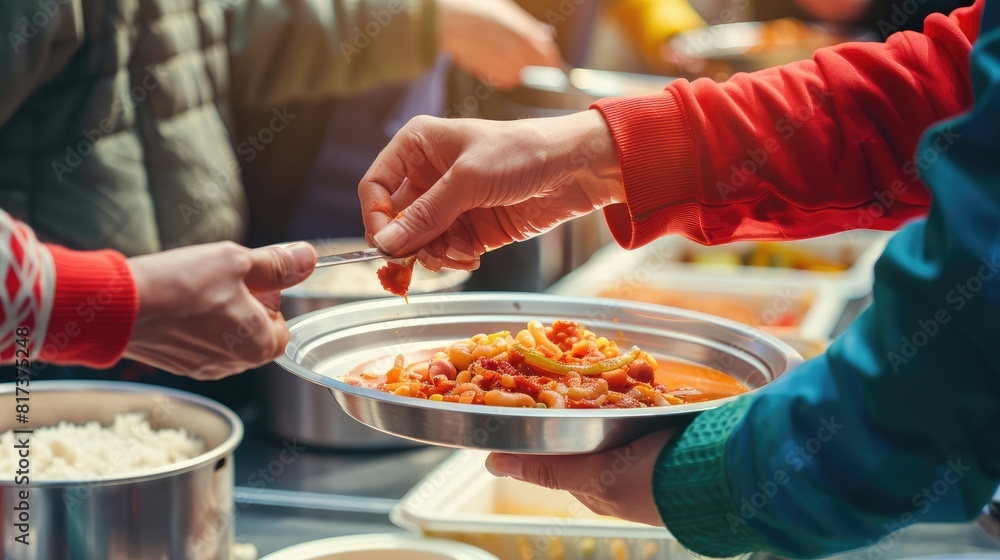 Volunteer hand serving meal to homeless people in shelter. Charity ...