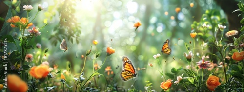 A peaceful, garden background with blooming flowers and butterflies.