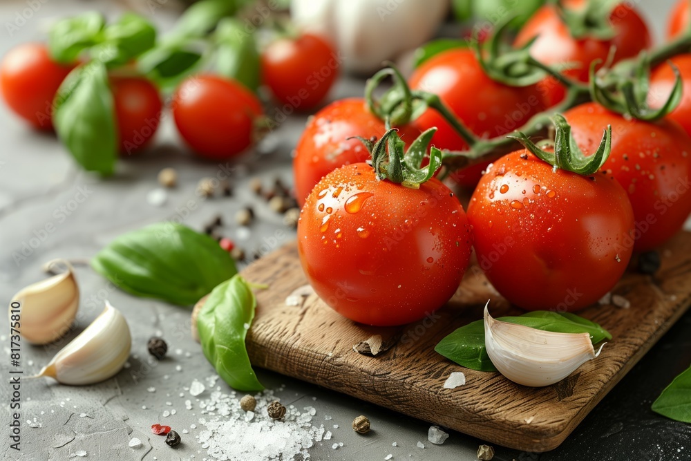 Fresh Tomatoes, Basil and Garlic on Wooden Table Fresh Tomatoes, Basil and Garlic on Wooden Table