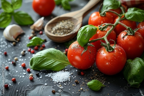 Fresh Tomatoes, Basil and Garlic on Wooden Table