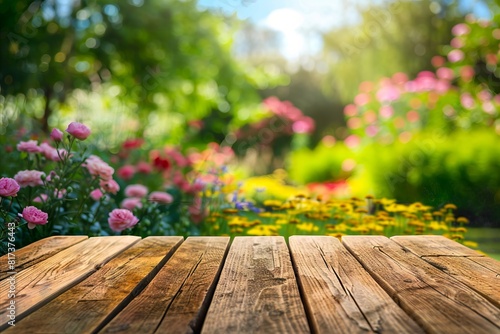 Wooden table in the garden with flowers.