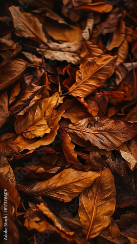 A close up of brown leaves on the ground.