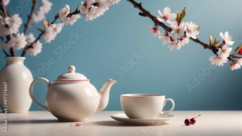 Teapot cup on a blue background with a sakura branch