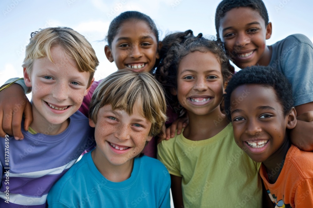 Portrait of happy group of children smiling at camera against blue sky Portrait of happy group of children smiling at camera against blue sky