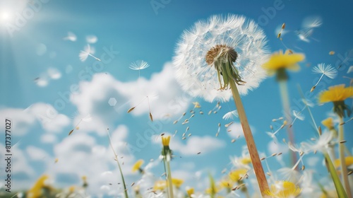 Dandelion flower with seeds flying away by wind at blue sky landscape background