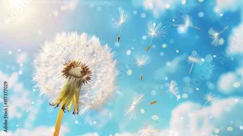 Dandelion flower with seeds flying away by wind at blue sky landscape background