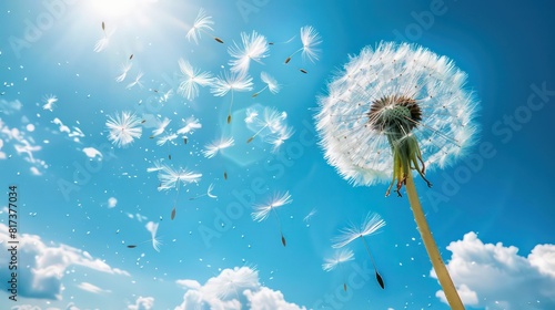 Dandelion flower with seeds flying away by wind at blue sky landscape background