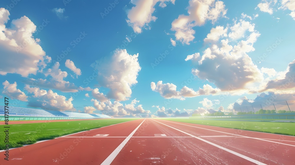 Running track race with green grass and beautiful sky background, empty runway, stadium arena for sport match.
Running track race with green grass and beautiful sky background, empty runway, stadium arena for sport match.