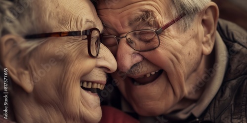 Close up of old couple kissing, funny expression, glasses