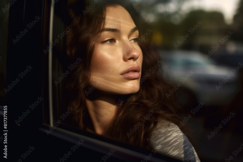 Pensive young woman looking out of car window Pensive young woman looking out of car window