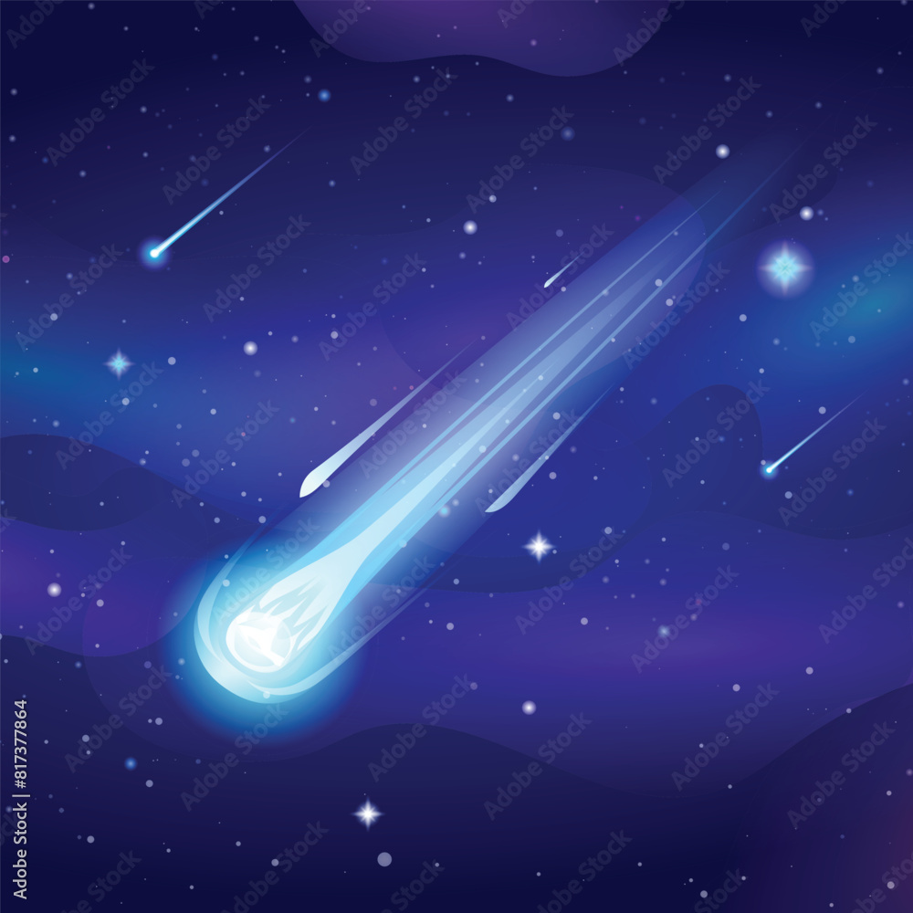 Comet falls with blue fire trail in the starry sky space. Asteroid or meteorite flying in night sky. Vector cartoon illustration Comet falls with blue fire trail in the starry sky space. Asteroid or meteorite flying in night sky. Vector cartoon illustration
