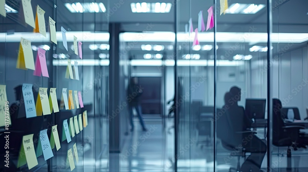 Business team brainstorming with sticky notes on glass wall Business team brainstorming with sticky notes on glass wall