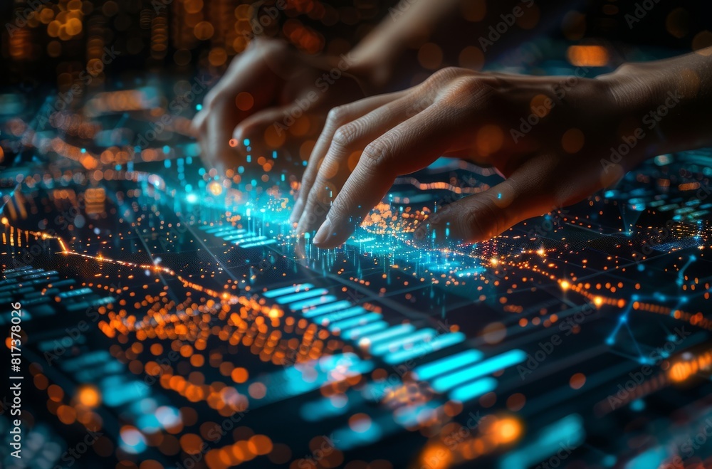 Futuristic vision of business analytics with human hands interacting with a glowing blue bar graph Futuristic vision of business analytics with human hands interacting with a glowing blue bar graph