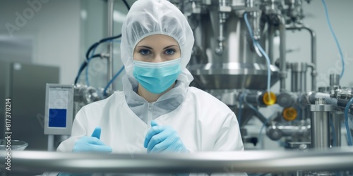 Pharmaceutical factory woman worker in protective clothing operating production line in sterile environment Pharmaceutical technician in sterile environment at pharmacy industry