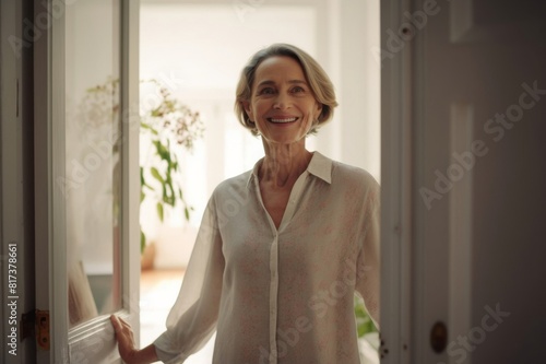 portait of smiling mature woman opening door at home © alisaaa