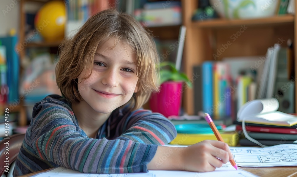 A smiling child boy is interested in studying math A smiling child boy is interested in studying math