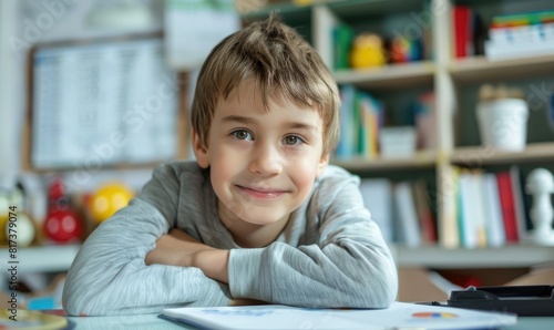 A smiling child boy is interested in studying math