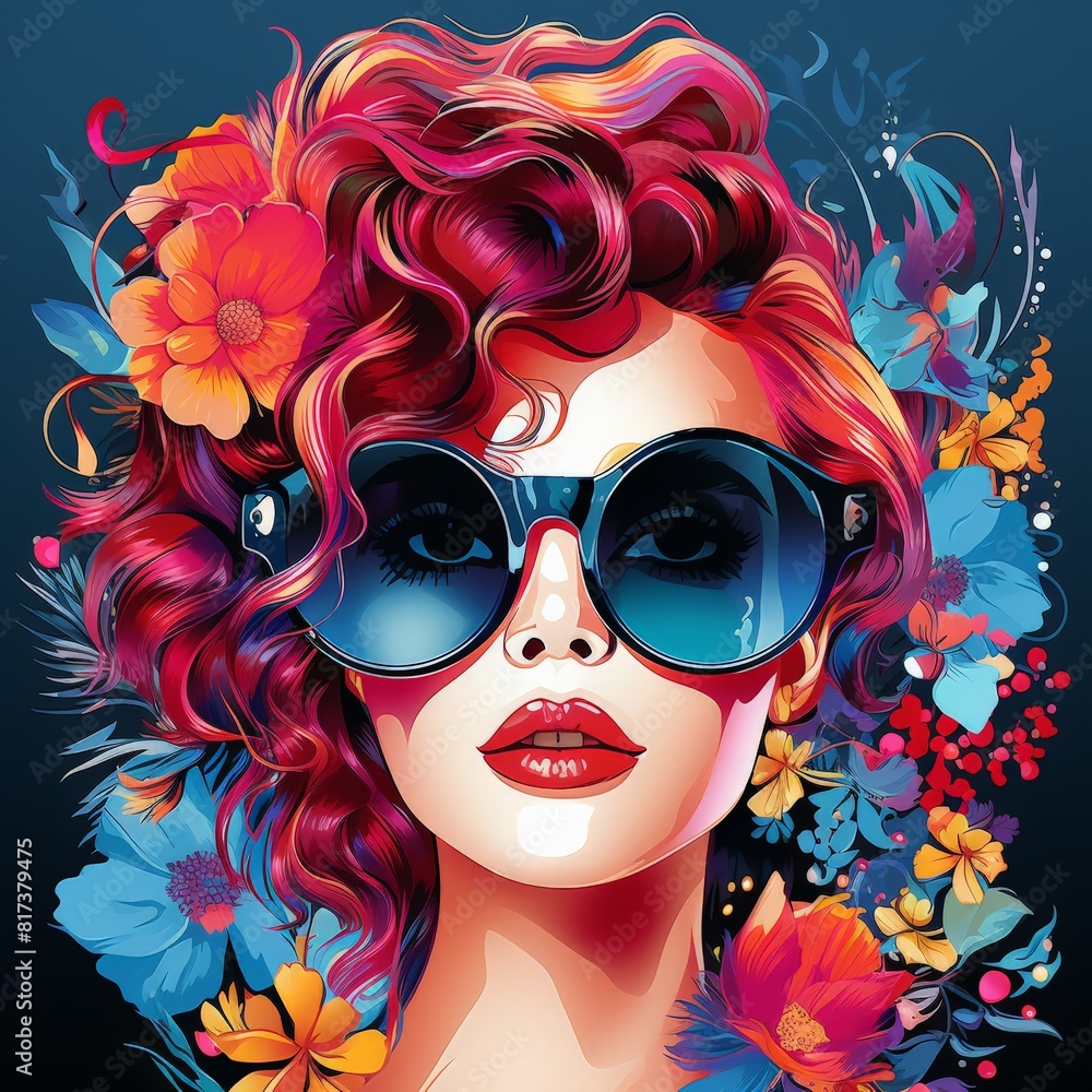 Vibrant Woman with Red Hair and Blue Sunglasses Vibrant Woman with Red Hair and Blue Sunglasses