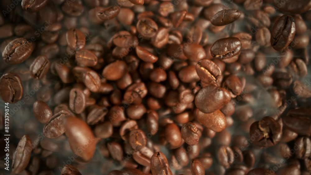 Super Slow Motion Shot of Falling and Rotating Coffee Beans Followed by Camera Motion at 1000fps. Super Slow Motion Shot of Falling and Rotating Coffee Beans Followed by Camera Motion at 1000fps.