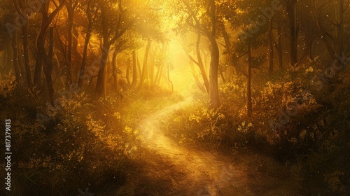 A winding path leading through a dense forest bathed in golden sunlight  inviting introspection and connection with the natural world.