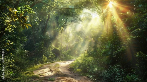 A winding path leading through a dense forest with sunlight streaming through the canopy  inviting introspection and connection with nature.