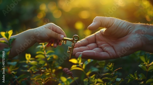Hand Of Father Giving Old Golden Key To Child In Garden - Death And Inheritance Concept realistic