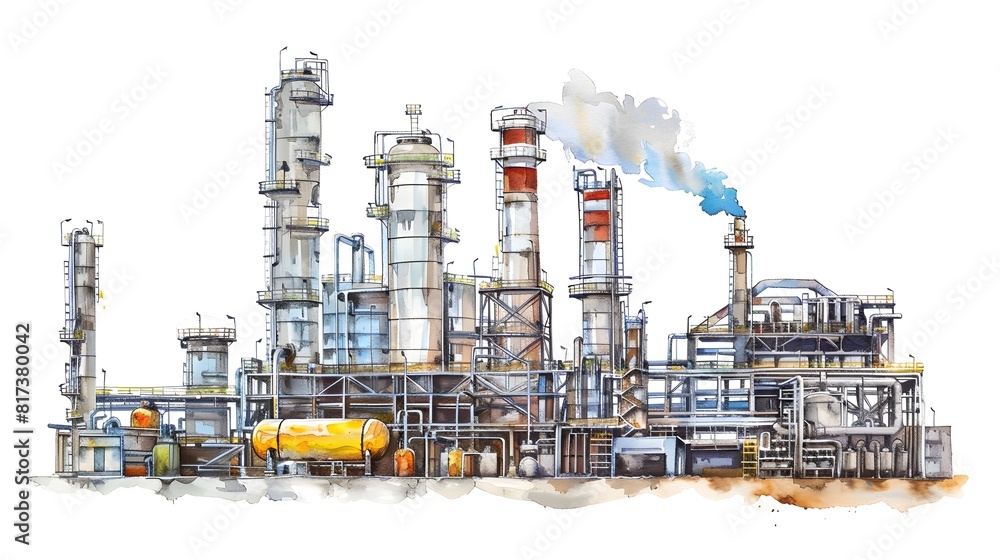 Watercolor drawing paint of industry zone, refinery power plant energy station for stored, petrochemical industrial, factory food processing plant isolated on white background Watercolor drawing paint of industry zone, refinery power plant energy station for stored, petrochemical industrial, factory food processing plant isolated on white background