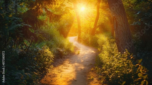 A winding path leading through a dense forest bathed in golden sunlight  inviting introspection and connection with nature.