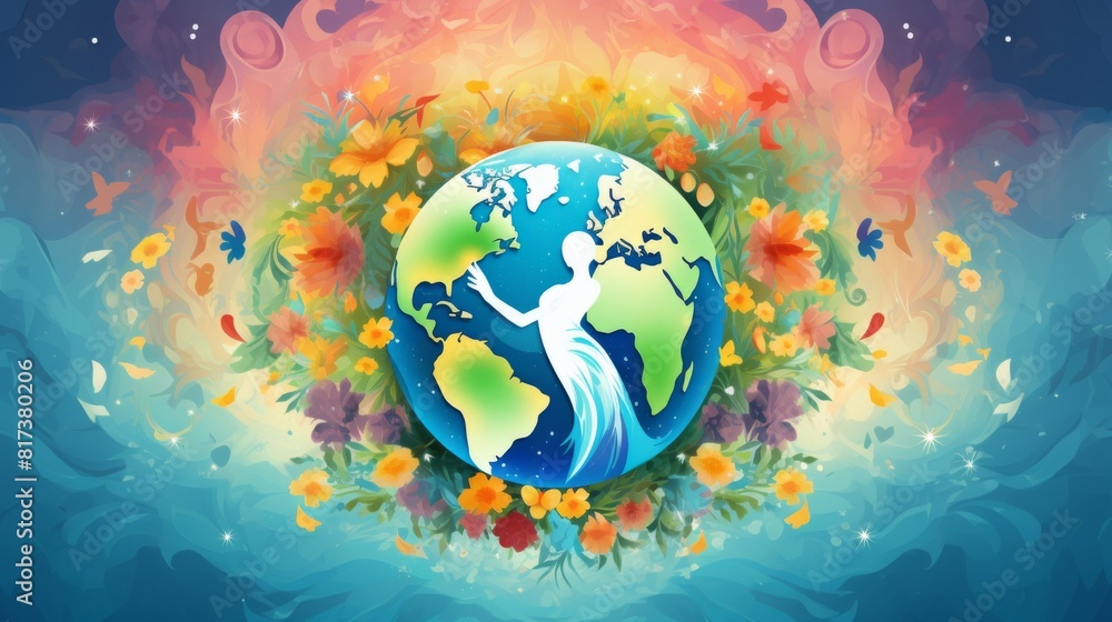 Ethereal Spirit Embracing Earth Amidst a Floral Swirl Perfect for Themes of Global Care and Harmony