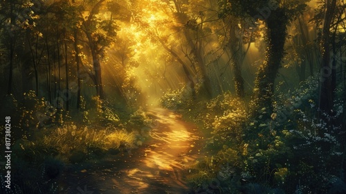 A winding path leading through a dense forest bathed in golden sunlight, inviting introspection and connection with nature.