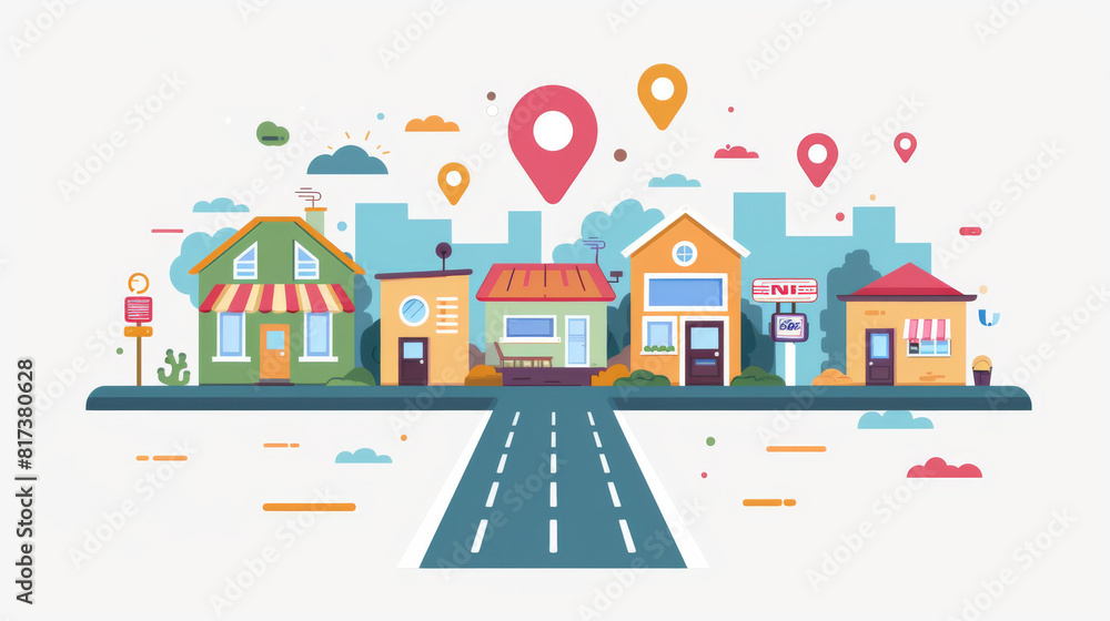Simple and clean flat design of an urban landscape with colorful houses and navigation icons. Simple and clean flat design of an urban landscape with colorful houses and navigation icons.