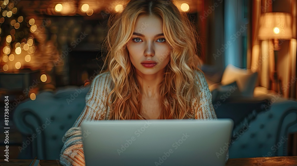 Businesswoman working late at office desk with laptop Businesswoman working late at office desk with laptop
