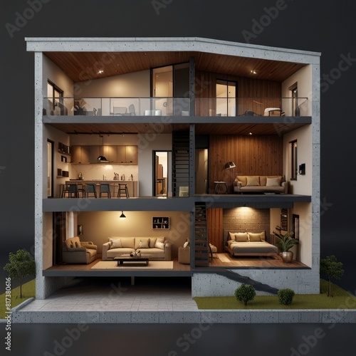 Modern home cross section  3d rendering minimalist © De Lune Studio