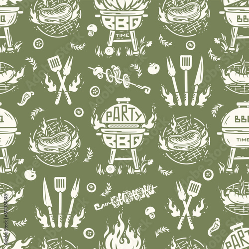 BBQ Time. Seamless Food Pattern. Portable Charcoal Grill and Barbecue Meat and Vegetable. Meat Kebab or Shashlik and Barbeque Vegetable Skewer. Hand drawing.  Vector illustration